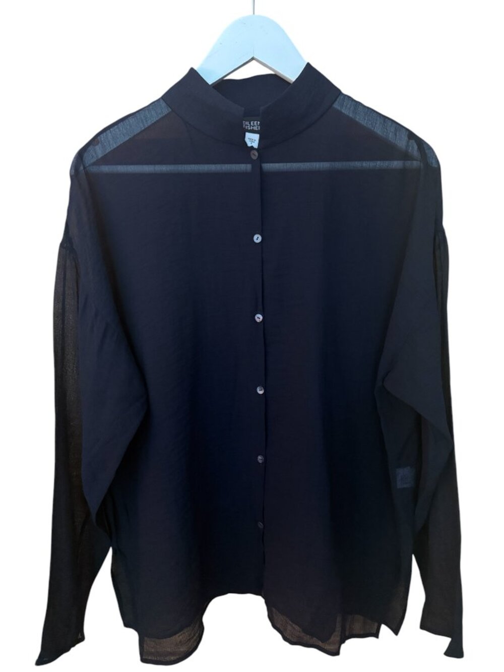 Eileen Fisher Vtg Silk Crepe Navy Blue Sheer Relaxed Fit Button Up Blouse size S